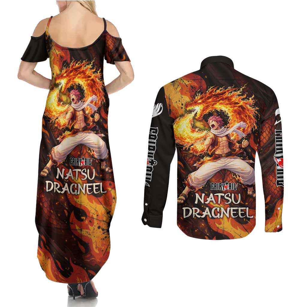 Natsu Dragneel Fairy Tail Couples Matching Summer Maxi Dress and Long Sleeve Button Shirt Flame Magic Anime Style with Dragon Emblem and Fire Seal