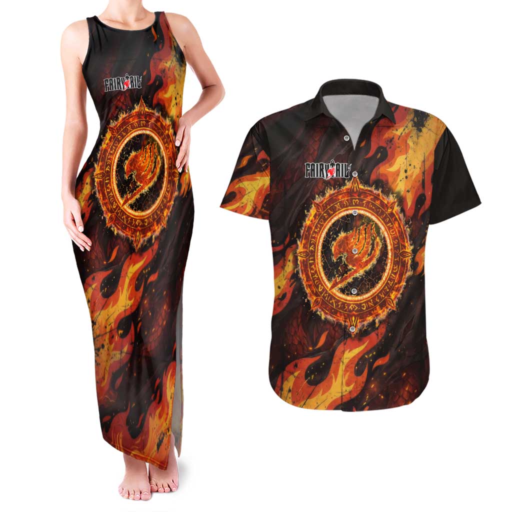 Natsu Dragneel Fairy Tail Couples Matching Tank Maxi Dress and Hawaiian Shirt Flame Magic Anime Style with Dragon Emblem and Fire Seal