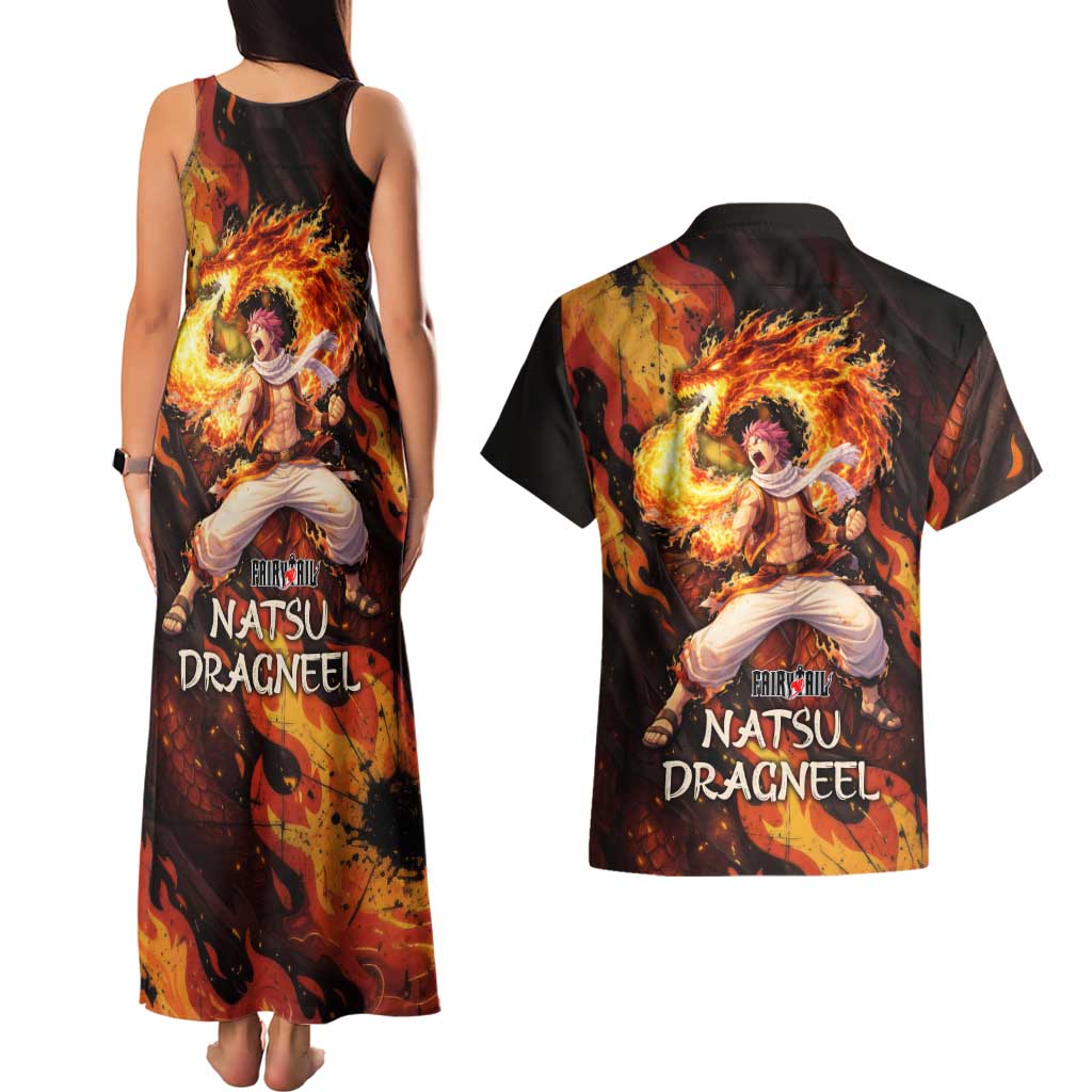 Natsu Dragneel Fairy Tail Couples Matching Tank Maxi Dress and Hawaiian Shirt Flame Magic Anime Style with Dragon Emblem and Fire Seal