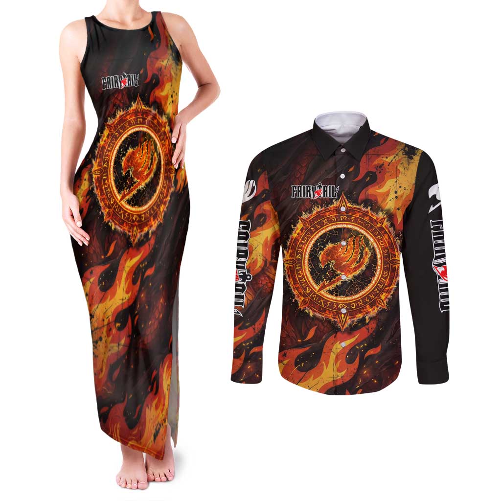 Natsu Dragneel Fairy Tail Couples Matching Tank Maxi Dress and Long Sleeve Button Shirt Flame Magic Anime Style with Dragon Emblem and Fire Seal