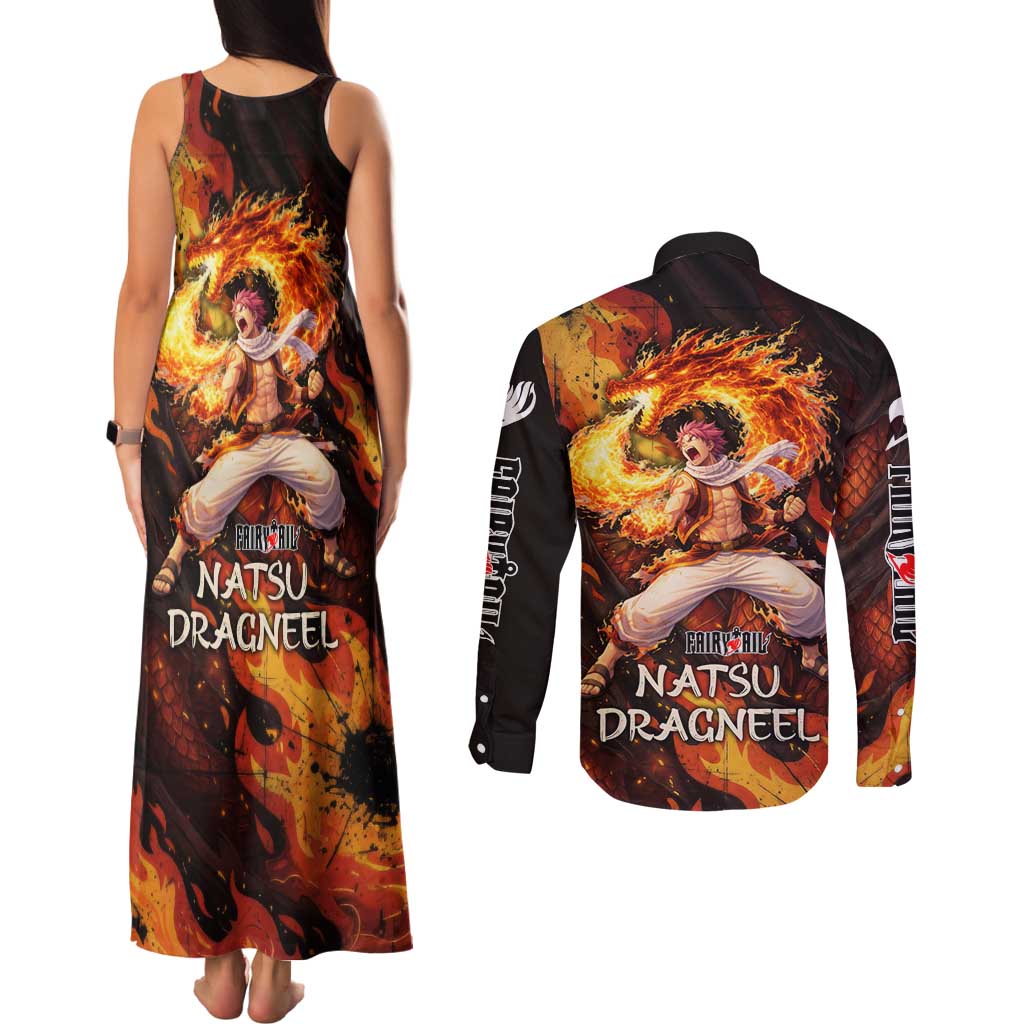 Natsu Dragneel Fairy Tail Couples Matching Tank Maxi Dress and Long Sleeve Button Shirt Flame Magic Anime Style with Dragon Emblem and Fire Seal