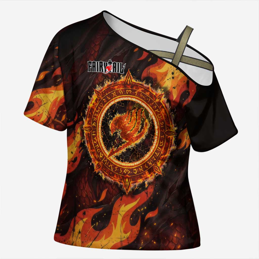 Natsu Dragneel Fairy Tail Cross Shoulder Shirt Flame Magic Anime Style with Dragon Emblem and Fire Seal