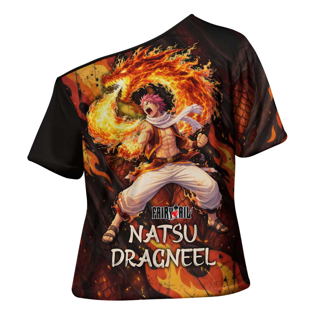 Natsu Dragneel Fairy Tail Cross Shoulder Shirt Flame Magic Anime Style with Dragon Emblem and Fire Seal