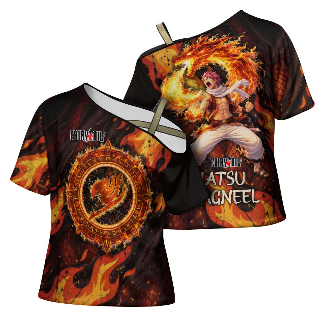 Natsu Dragneel Fairy Tail Cross Shoulder Shirt Flame Magic Anime Style with Dragon Emblem and Fire Seal