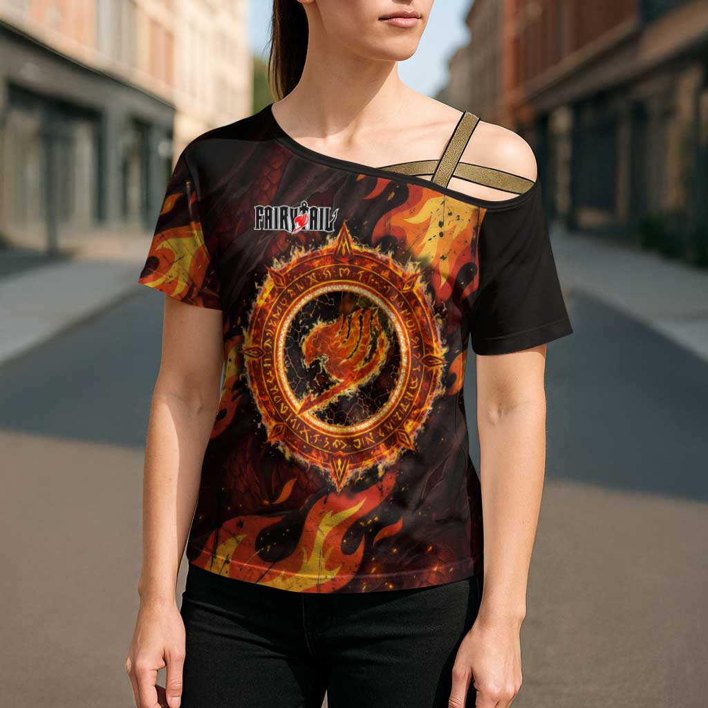 Natsu Dragneel Fairy Tail Cross Shoulder Shirt Flame Magic Anime Style with Dragon Emblem and Fire Seal