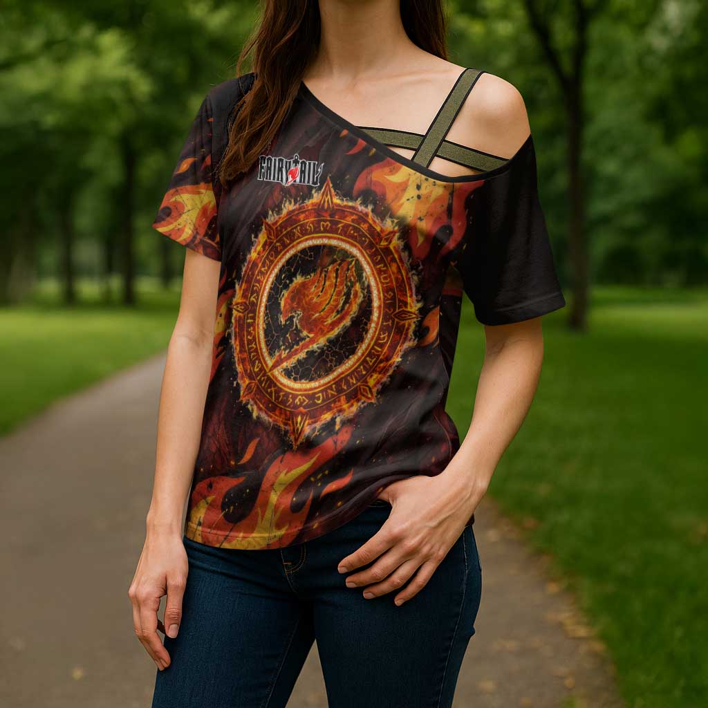 Natsu Dragneel Fairy Tail Cross Shoulder Shirt Flame Magic Anime Style with Dragon Emblem and Fire Seal