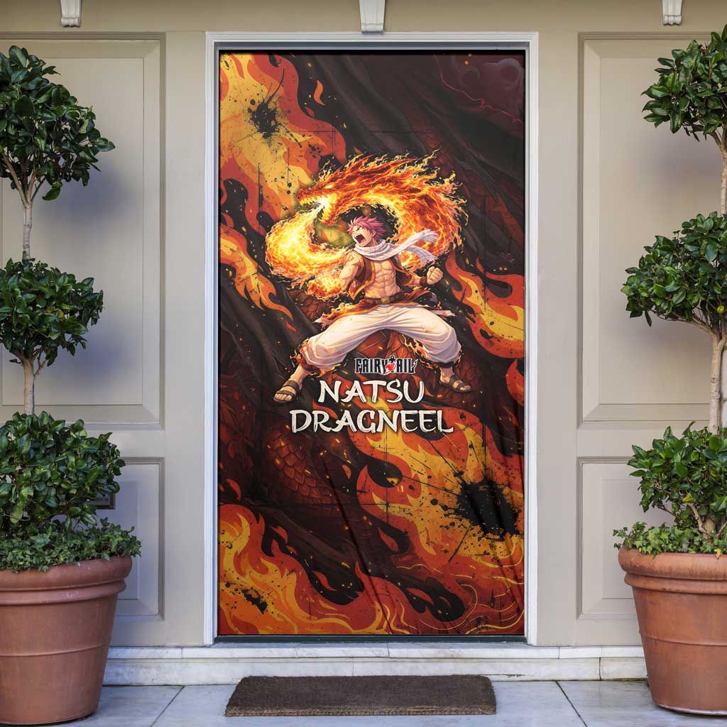Natsu Dragneel Fairy Tail Door Cover Flame Magic Anime Style with Dragon Emblem and Fire Seal