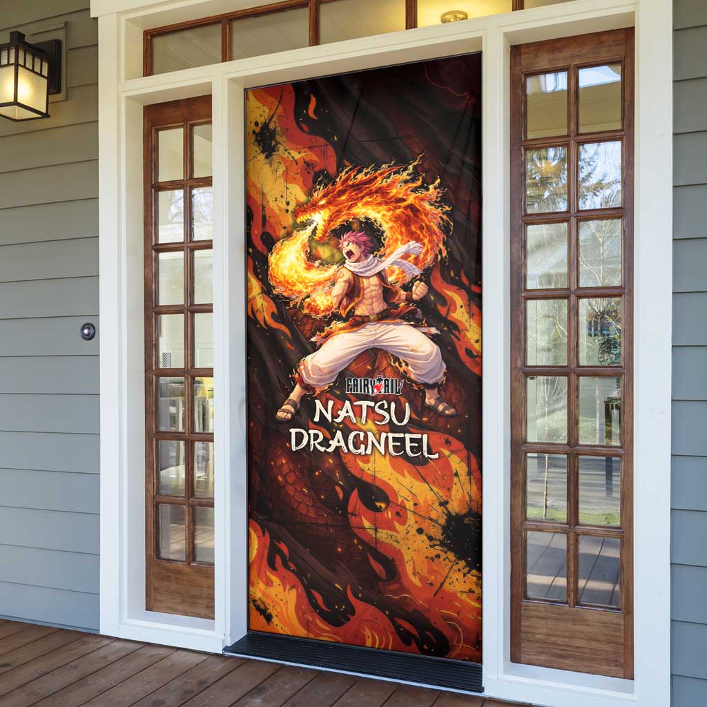 Natsu Dragneel Fairy Tail Door Cover Flame Magic Anime Style with Dragon Emblem and Fire Seal