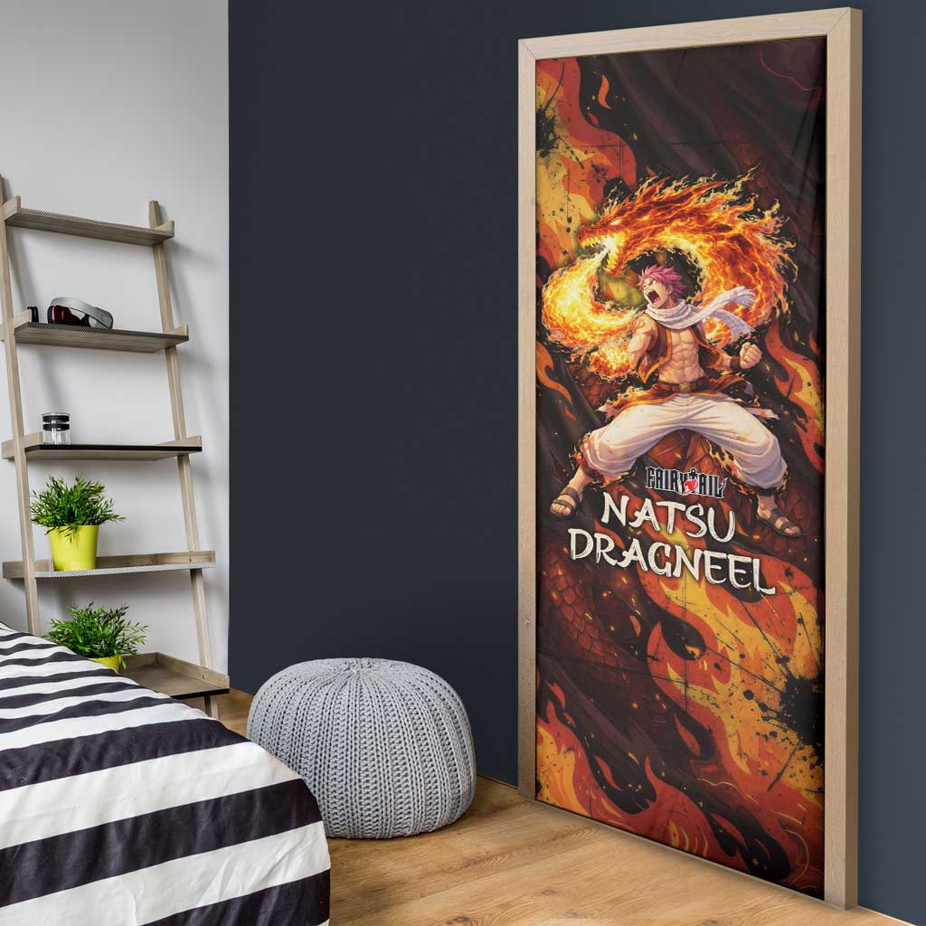 Natsu Dragneel Fairy Tail Door Cover Flame Magic Anime Style with Dragon Emblem and Fire Seal