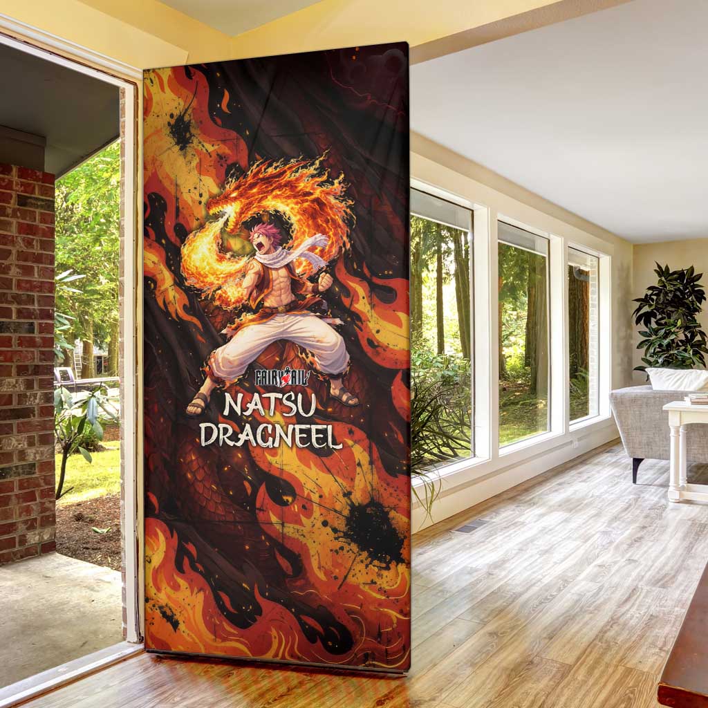 Natsu Dragneel Fairy Tail Door Cover Flame Magic Anime Style with Dragon Emblem and Fire Seal