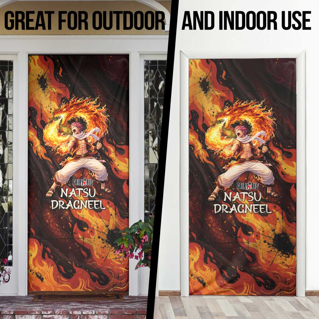 Natsu Dragneel Fairy Tail Door Cover Flame Magic Anime Style with Dragon Emblem and Fire Seal