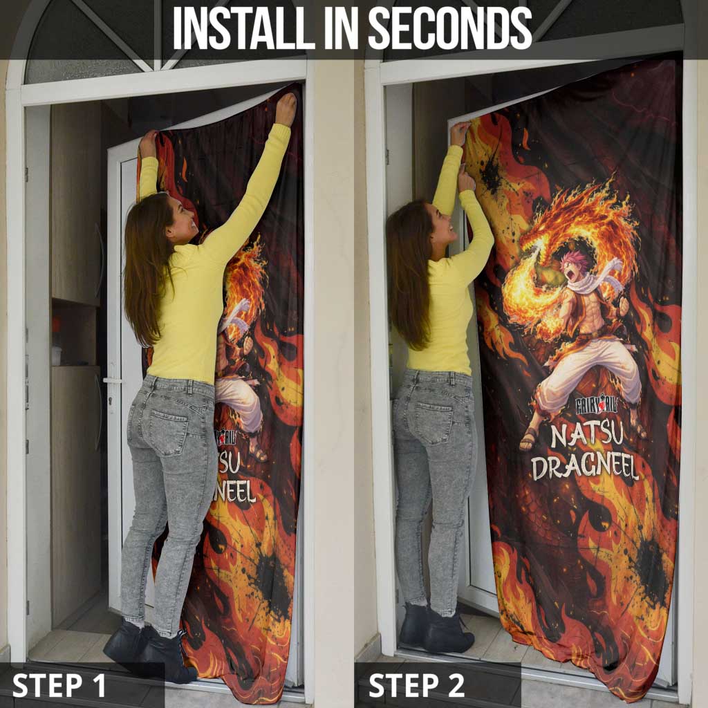 Natsu Dragneel Fairy Tail Door Cover Flame Magic Anime Style with Dragon Emblem and Fire Seal