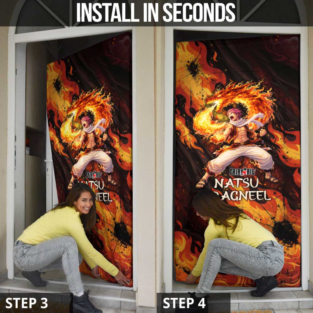 Natsu Dragneel Fairy Tail Door Cover Flame Magic Anime Style with Dragon Emblem and Fire Seal