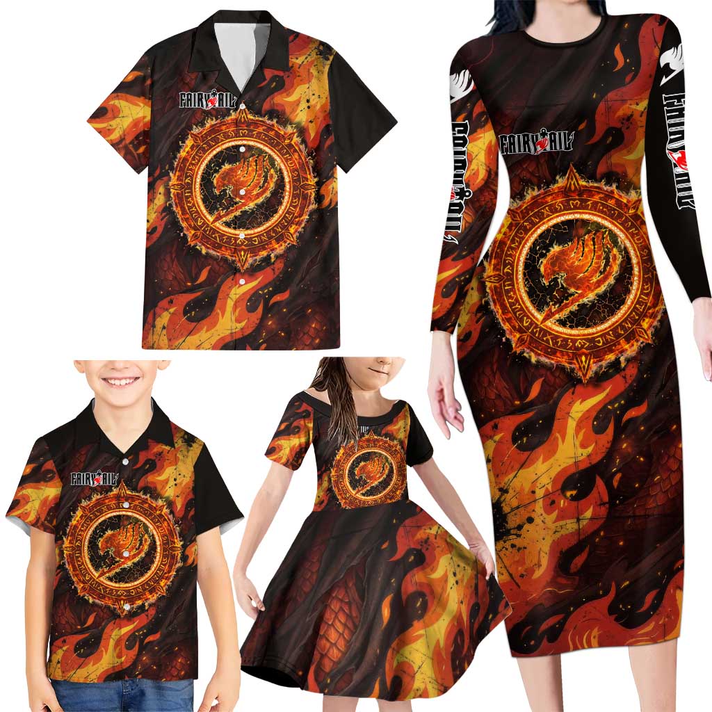 Natsu Dragneel Fairy Tail Family Matching Long Sleeve Bodycon Dress and Hawaiian Shirt Flame Magic Anime Style with Dragon Emblem and Fire Seal