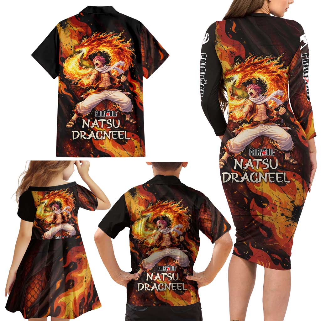 Natsu Dragneel Fairy Tail Family Matching Long Sleeve Bodycon Dress and Hawaiian Shirt Flame Magic Anime Style with Dragon Emblem and Fire Seal