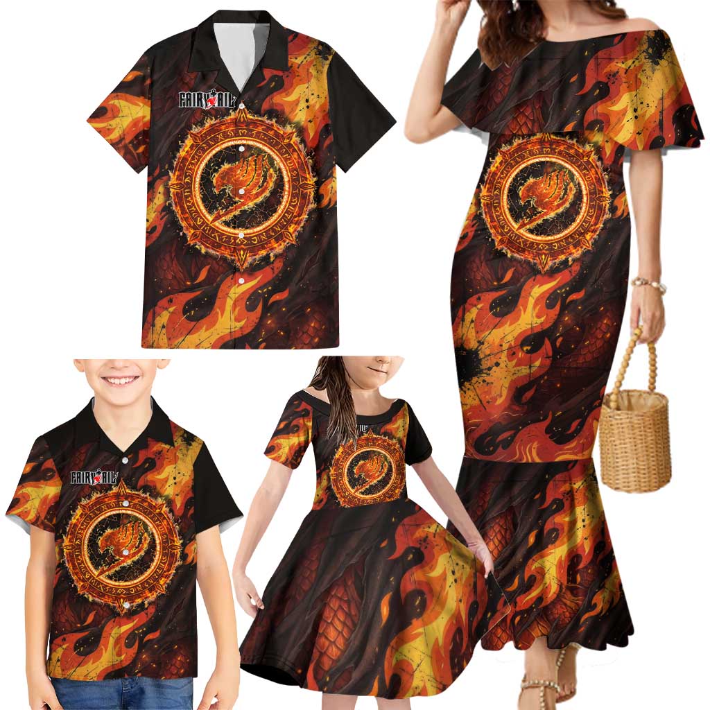 Natsu Dragneel Fairy Tail Family Matching Mermaid Dress and Hawaiian Shirt Flame Magic Anime Style with Dragon Emblem and Fire Seal