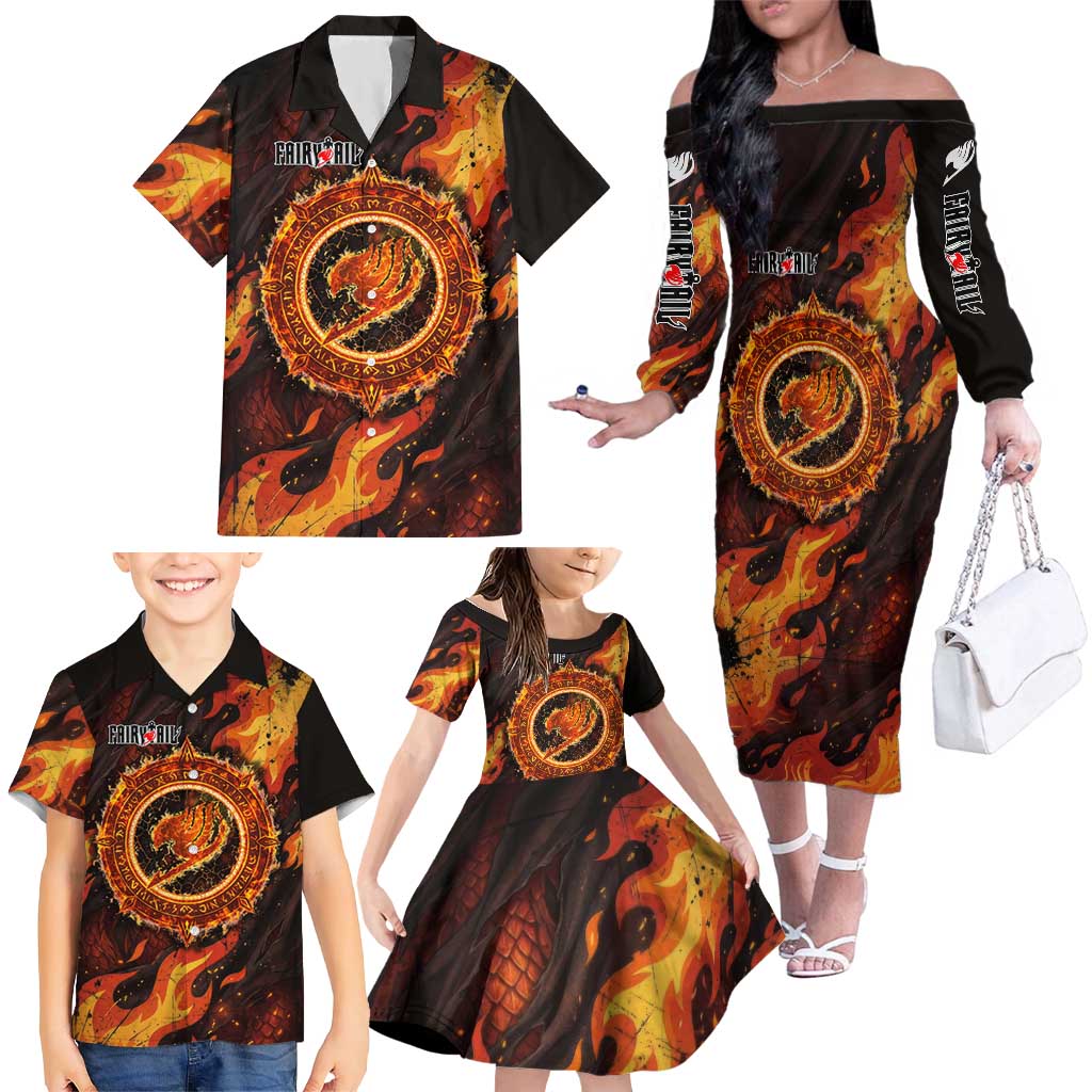 Natsu Dragneel Fairy Tail Family Matching Off The Shoulder Long Sleeve Dress and Hawaiian Shirt Flame Magic Anime Style with Dragon Emblem and Fire Seal