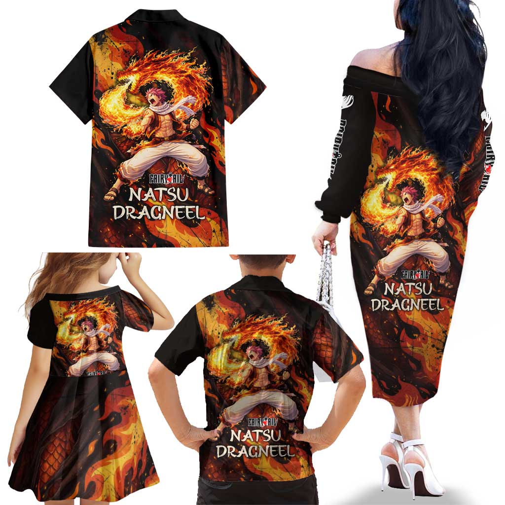 Natsu Dragneel Fairy Tail Family Matching Off The Shoulder Long Sleeve Dress and Hawaiian Shirt Flame Magic Anime Style with Dragon Emblem and Fire Seal