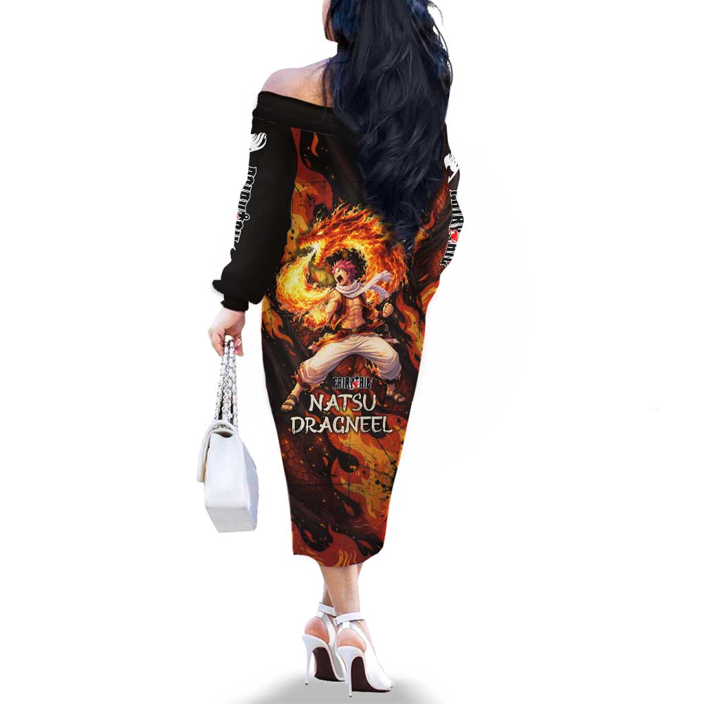 Natsu Dragneel Fairy Tail Family Matching Off The Shoulder Long Sleeve Dress and Hawaiian Shirt Flame Magic Anime Style with Dragon Emblem and Fire Seal