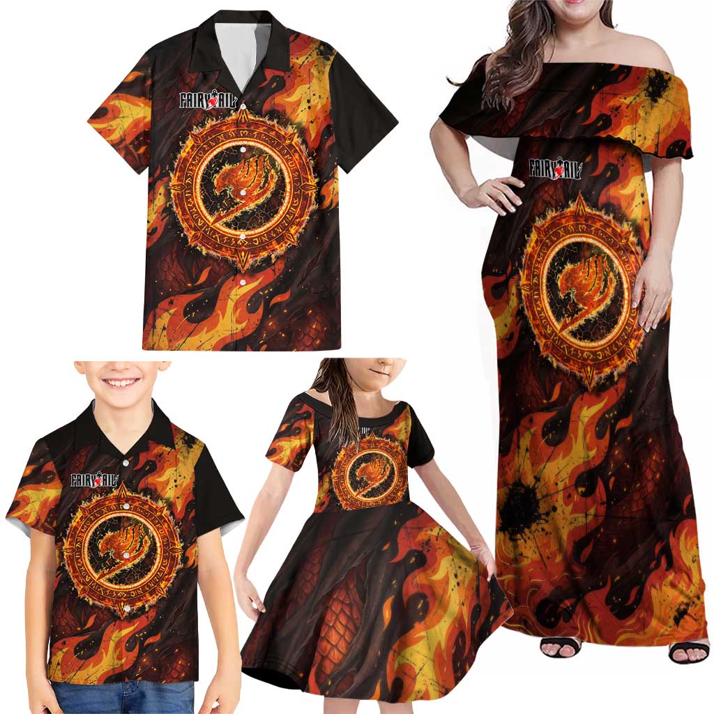 Natsu Dragneel Fairy Tail Family Matching Off Shoulder Maxi Dress and Hawaiian Shirt Flame Magic Anime Style with Dragon Emblem and Fire Seal