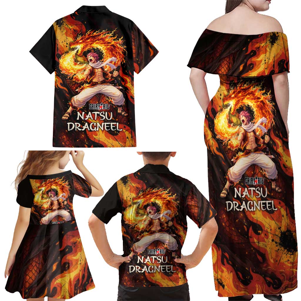 Natsu Dragneel Fairy Tail Family Matching Off Shoulder Maxi Dress and Hawaiian Shirt Flame Magic Anime Style with Dragon Emblem and Fire Seal