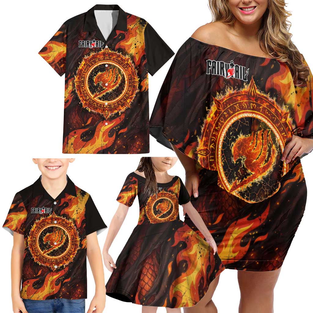 Natsu Dragneel Fairy Tail Family Matching Off Shoulder Short Dress and Hawaiian Shirt Flame Magic Anime Style with Dragon Emblem and Fire Seal