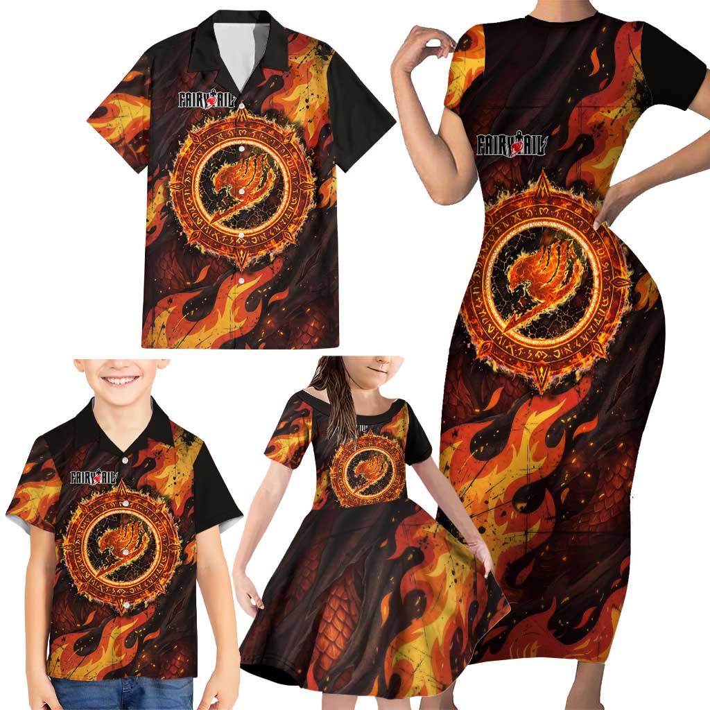 Natsu Dragneel Fairy Tail Family Matching Short Sleeve Bodycon Dress and Hawaiian Shirt Flame Magic Anime Style with Dragon Emblem and Fire Seal
