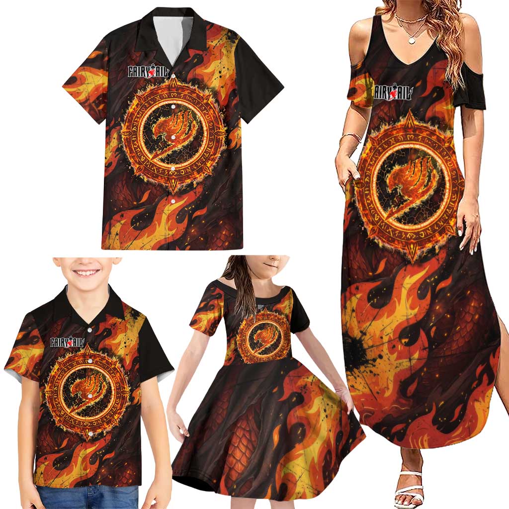 Natsu Dragneel Fairy Tail Family Matching Summer Maxi Dress and Hawaiian Shirt Flame Magic Anime Style with Dragon Emblem and Fire Seal