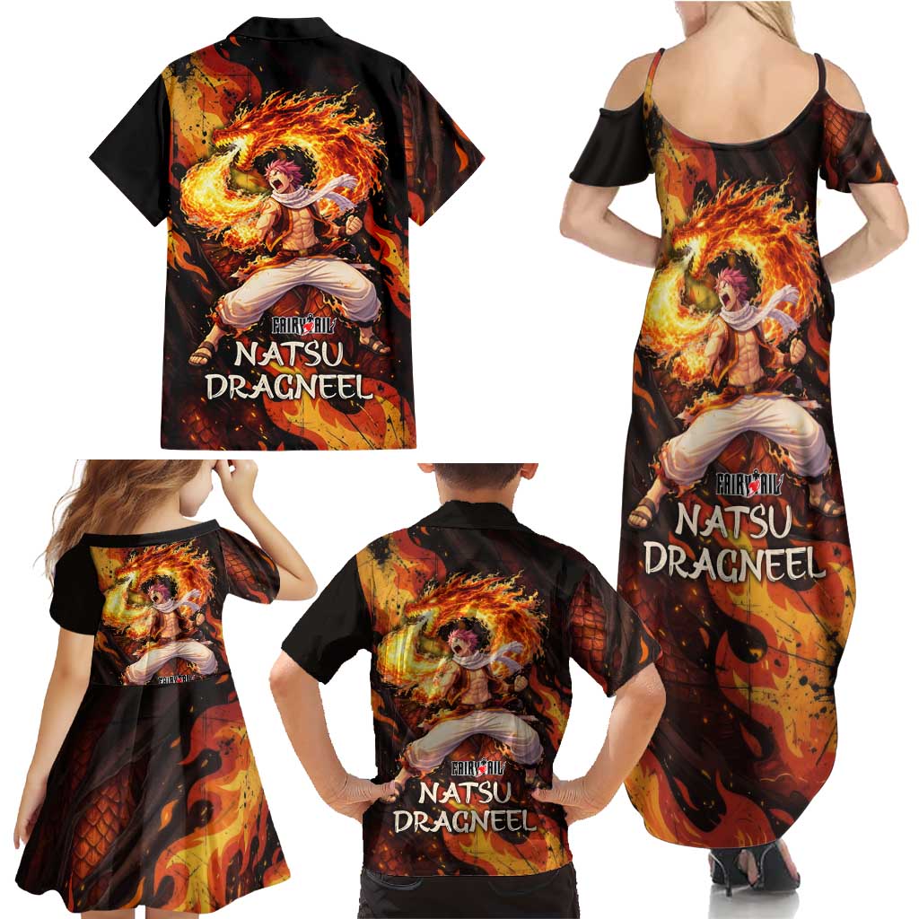 Natsu Dragneel Fairy Tail Family Matching Summer Maxi Dress and Hawaiian Shirt Flame Magic Anime Style with Dragon Emblem and Fire Seal