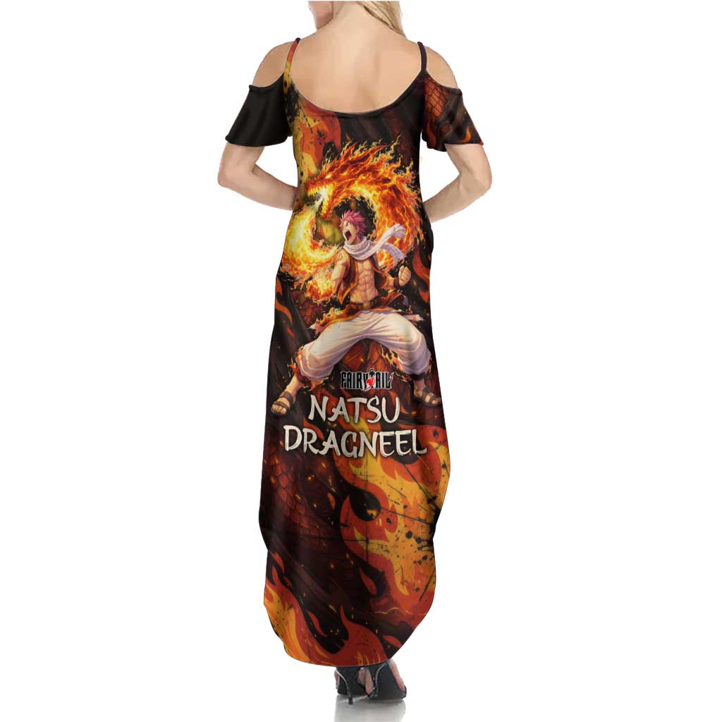 Natsu Dragneel Fairy Tail Family Matching Summer Maxi Dress and Hawaiian Shirt Flame Magic Anime Style with Dragon Emblem and Fire Seal