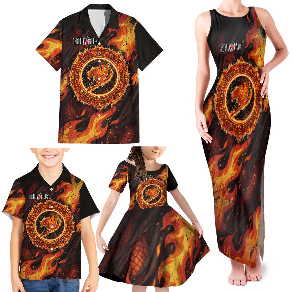 Natsu Dragneel Fairy Tail Family Matching Tank Maxi Dress and Hawaiian Shirt Flame Magic Anime Style with Dragon Emblem and Fire Seal
