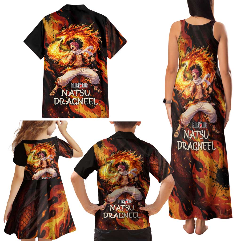 Natsu Dragneel Fairy Tail Family Matching Tank Maxi Dress and Hawaiian Shirt Flame Magic Anime Style with Dragon Emblem and Fire Seal