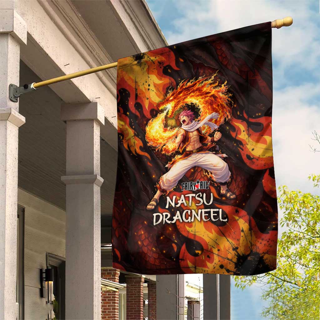 Natsu Dragneel Fairy Tail Garden Flag Flame Magic Anime Style with Dragon Emblem and Fire Seal