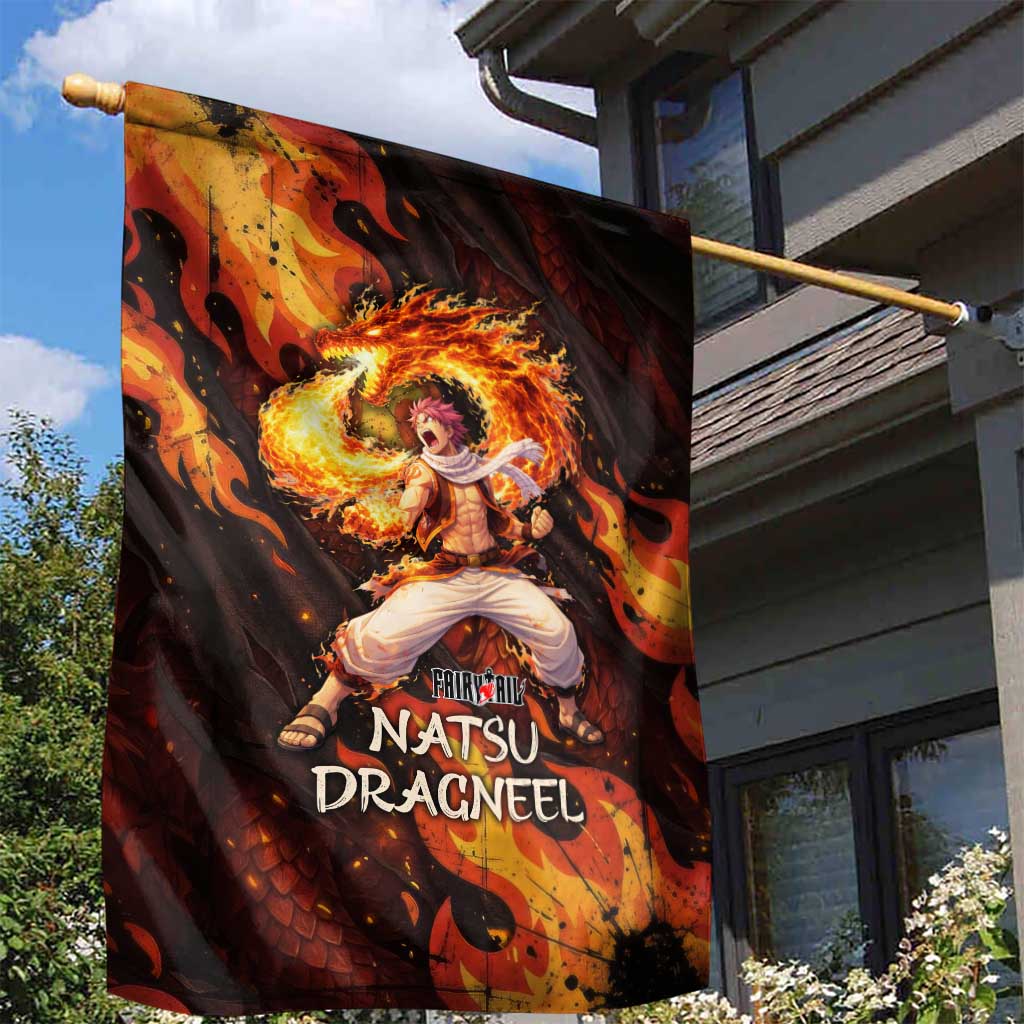 Natsu Dragneel Fairy Tail Garden Flag Flame Magic Anime Style with Dragon Emblem and Fire Seal