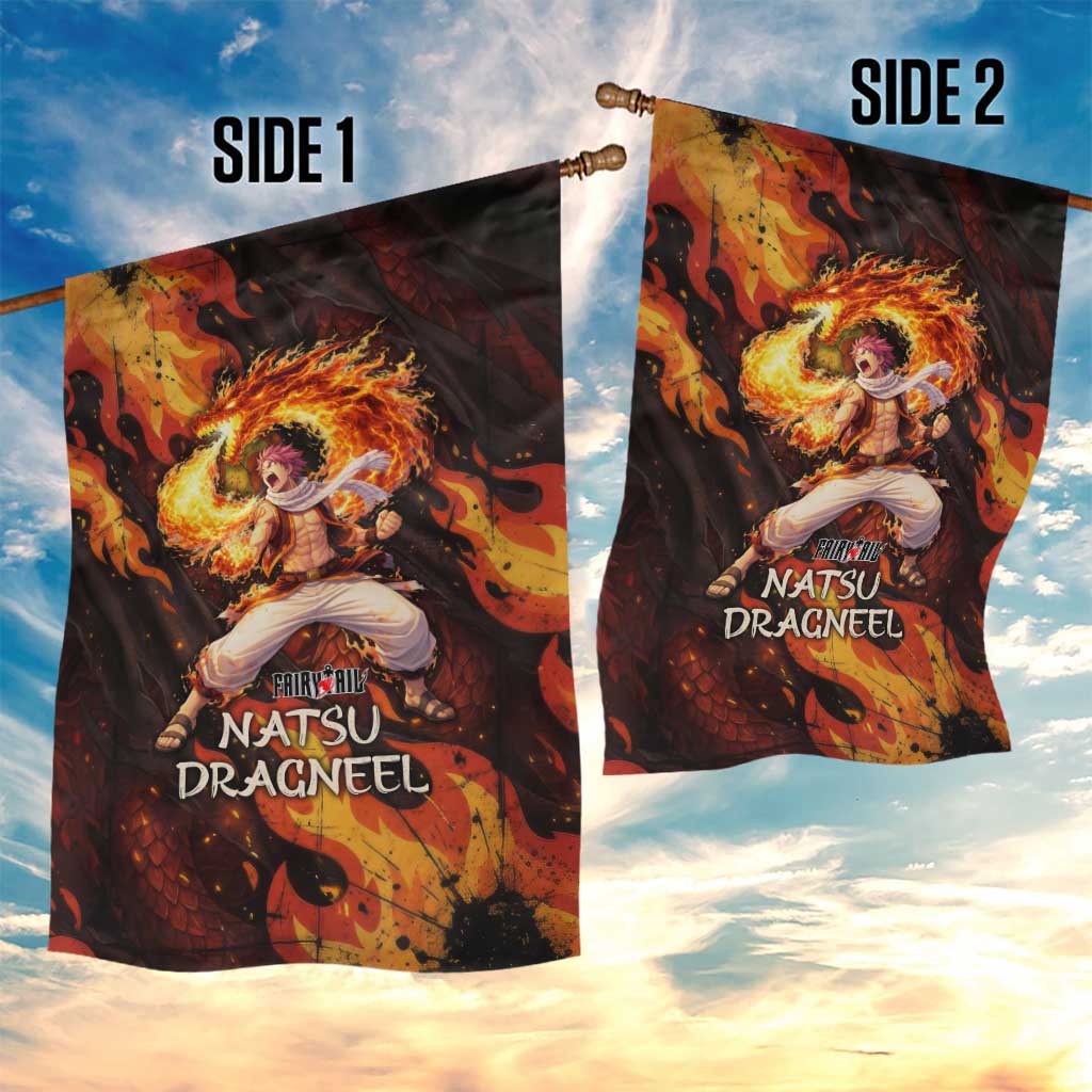 Natsu Dragneel Fairy Tail Garden Flag Flame Magic Anime Style with Dragon Emblem and Fire Seal