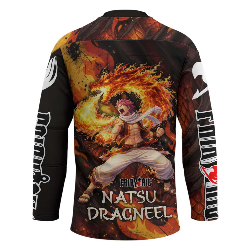 Natsu Dragneel Fairy Tail Hockey Jersey Flame Magic Anime Style with Dragon Emblem and Fire Seal