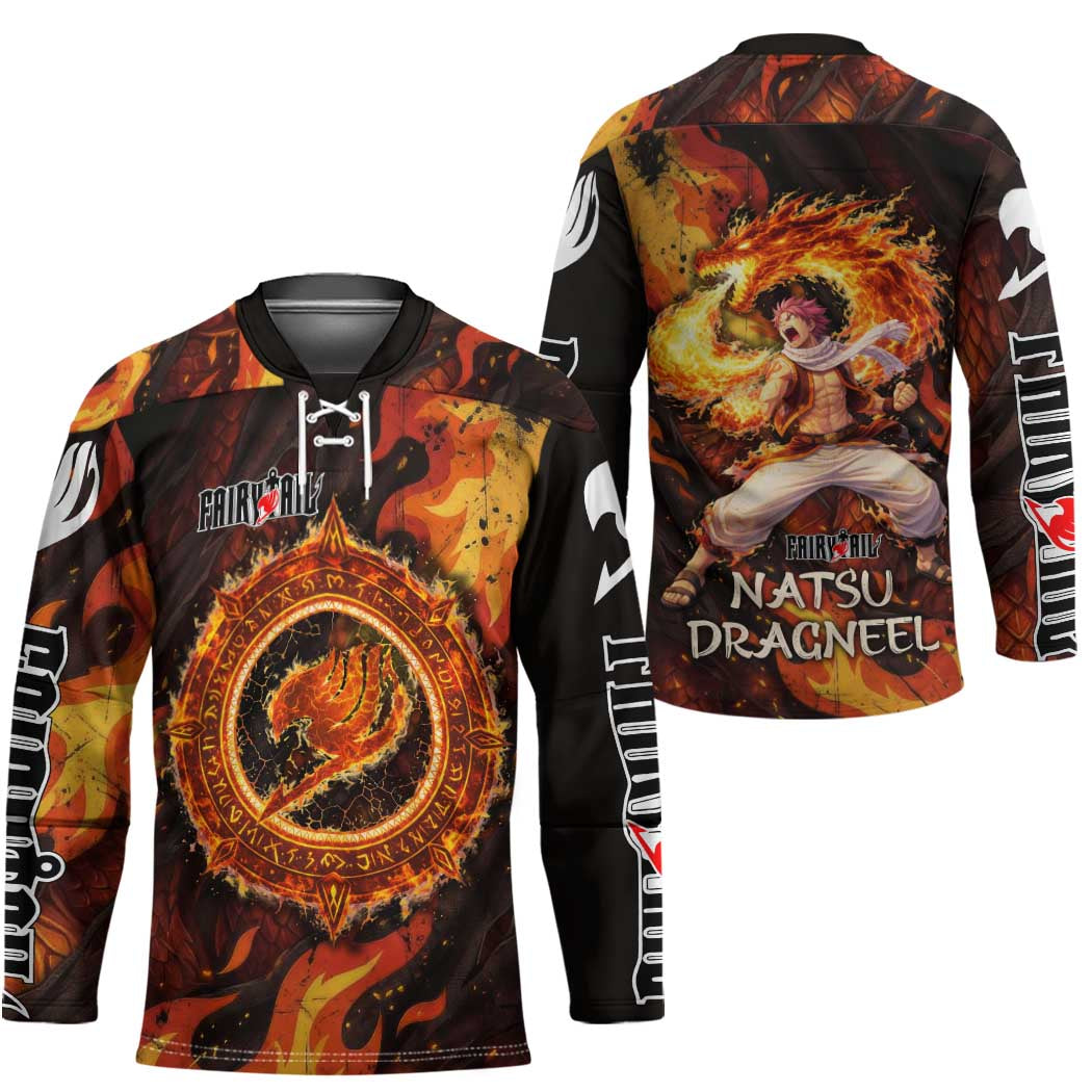 Natsu Dragneel Fairy Tail Hockey Jersey Flame Magic Anime Style with Dragon Emblem and Fire Seal