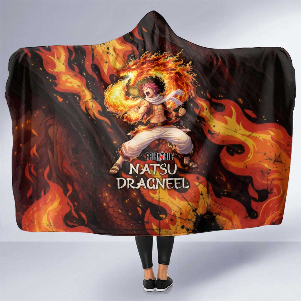 Natsu Dragneel Fairy Tail Hooded Blanket Flame Magic Anime Style with Dragon Emblem and Fire Seal