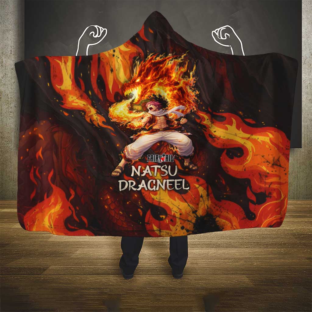 Natsu Dragneel Fairy Tail Hooded Blanket Flame Magic Anime Style with Dragon Emblem and Fire Seal