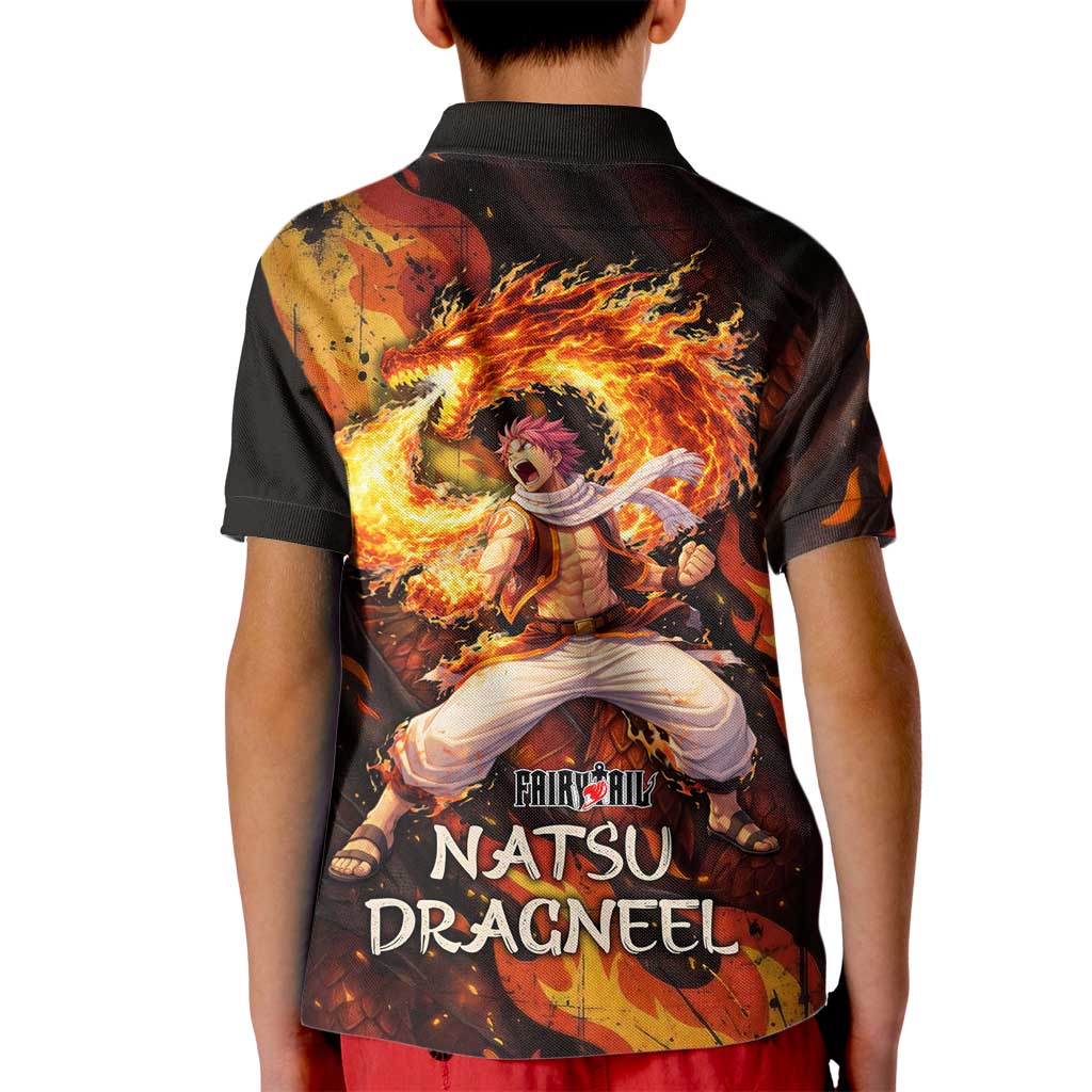 Natsu Dragneel Fairy Tail Kid Polo Shirt Flame Magic Anime Style with Dragon Emblem and Fire Seal