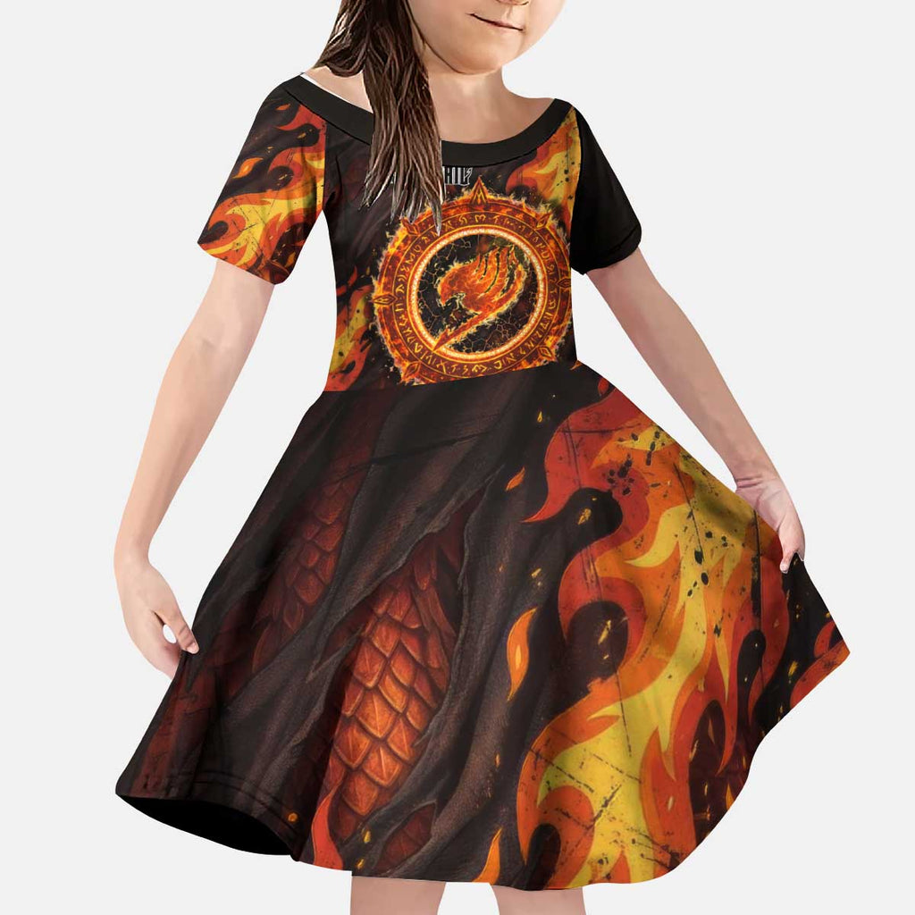 Natsu Dragneel Fairy Tail Kid Short Sleeve Dress Flame Magic Anime Style with Dragon Emblem and Fire Seal