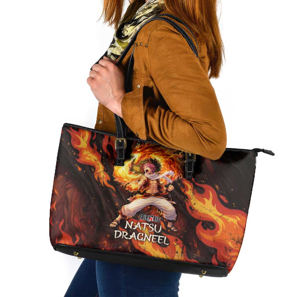Natsu Dragneel Fairy Tail Leather Tote Bag Flame Magic Anime Style with Dragon Emblem and Fire Seal