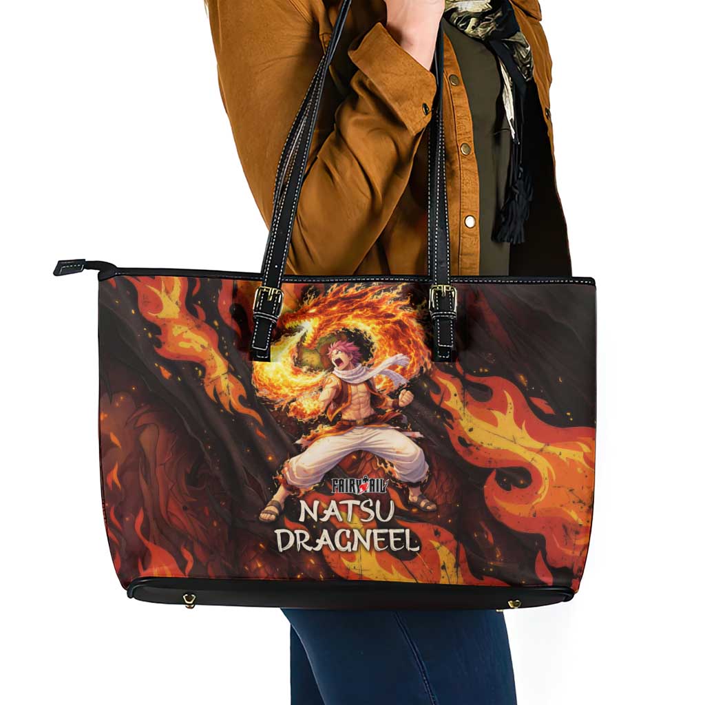 Natsu Dragneel Fairy Tail Leather Tote Bag Flame Magic Anime Style with Dragon Emblem and Fire Seal