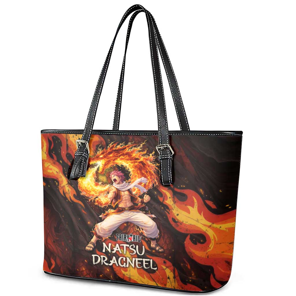 Natsu Dragneel Fairy Tail Leather Tote Bag Flame Magic Anime Style with Dragon Emblem and Fire Seal