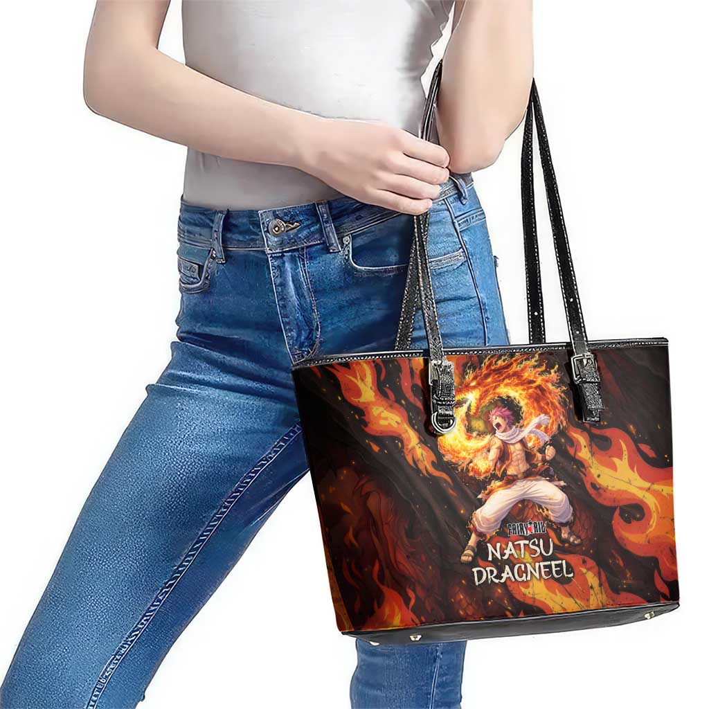 Natsu Dragneel Fairy Tail Leather Tote Bag Flame Magic Anime Style with Dragon Emblem and Fire Seal