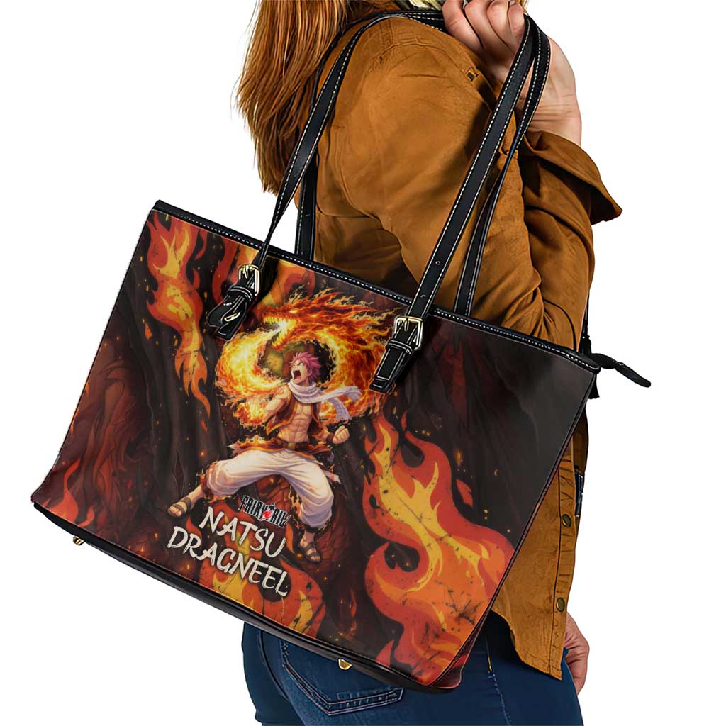 Natsu Dragneel Fairy Tail Leather Tote Bag Flame Magic Anime Style with Dragon Emblem and Fire Seal