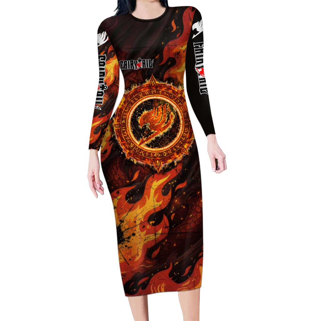 Natsu Dragneel Fairy Tail Long Sleeve Bodycon Dress Flame Magic Anime Style with Dragon Emblem and Fire Seal