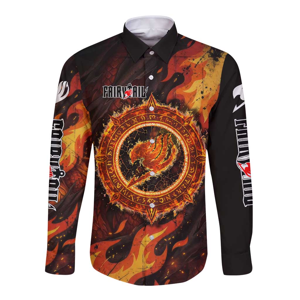 Natsu Dragneel Fairy Tail Long Sleeve Button Shirt Flame Magic Anime Style with Dragon Emblem and Fire Seal