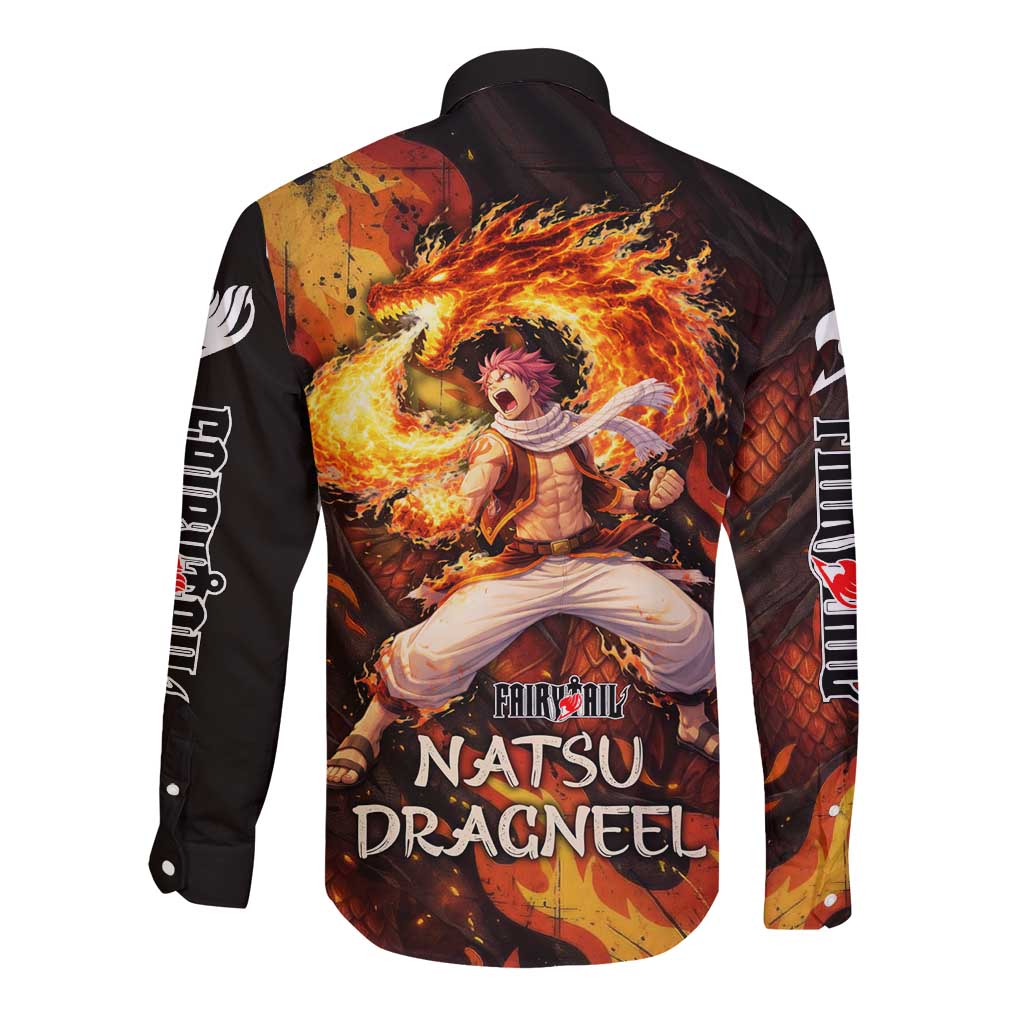 Natsu Dragneel Fairy Tail Long Sleeve Button Shirt Flame Magic Anime Style with Dragon Emblem and Fire Seal
