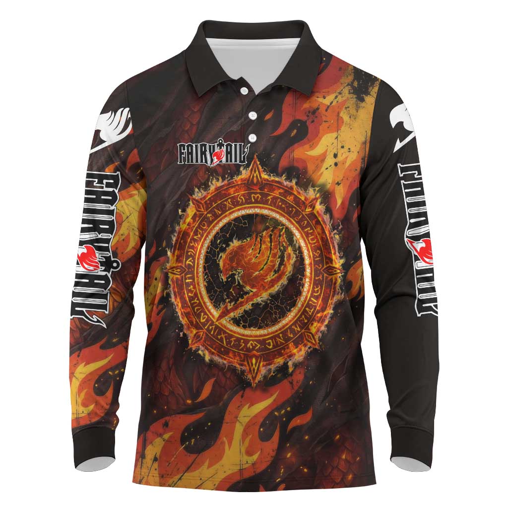Natsu Dragneel Fairy Tail Long Sleeve Polo Shirt Flame Magic Anime Style with Dragon Emblem and Fire Seal